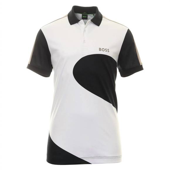 NEW HUGO BOSS men's paddy 8 geometric print short sleeve polo in white/black - Picture 1 of 2